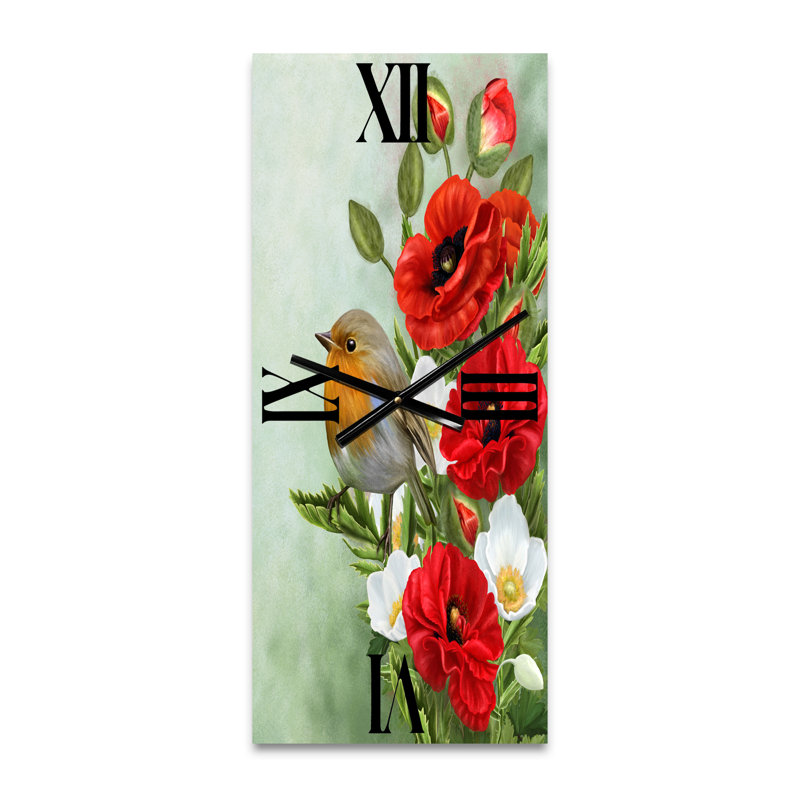 Horloge murale oiseau avec coquelicots et anémones, Petit