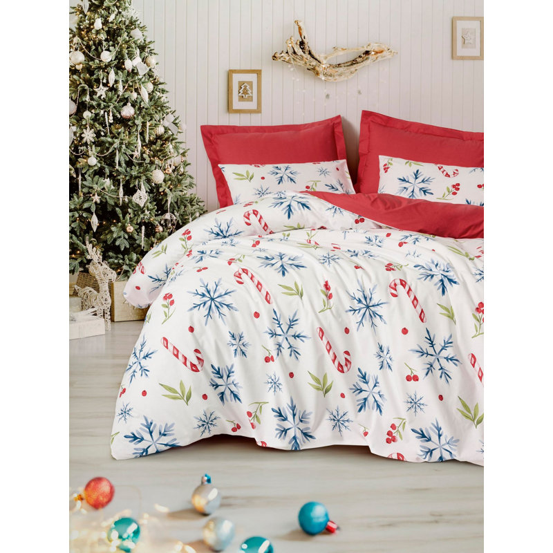 Christmas Themed Ranforce Quilt Cover Set, 100% Cotton, Duvet Cover 61 x 87, Pillowcase 31.5 x 31.5 | Pigment Printed, Machine Washable, 145 Thread Count | Festive Red, White, Green & Blue Colors, Envelope & Button Closure