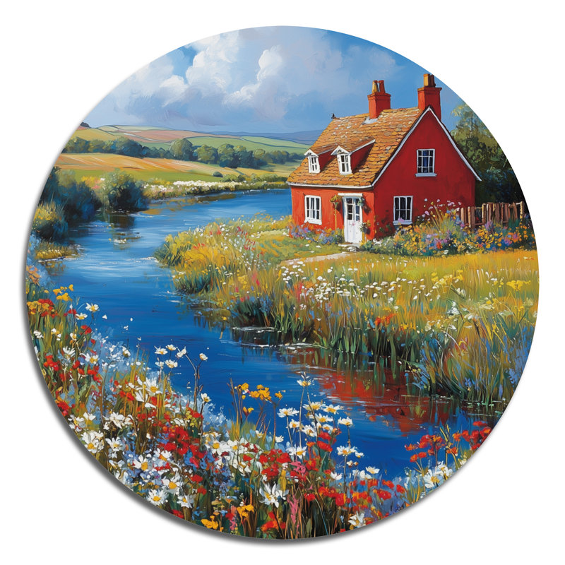 Cottage par The Riverbank II - campagne ronde, impression sur métal, campagne rouge en métal, H 16 po x l 16 po