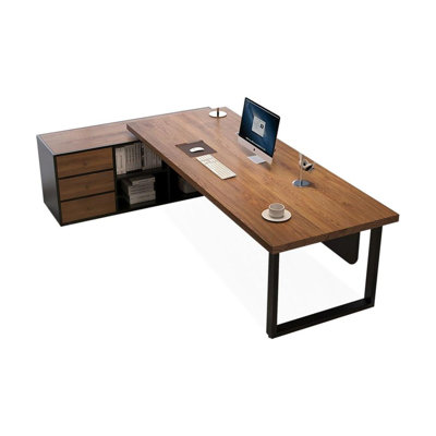 Bureau de direction en L en noyer massif avec tiroirs