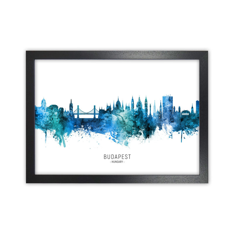 Budapest Hungary Skyline Blue City Name by Michael Tompsett - Print, 34cm H x 46cm W x 3cm D, Black Framed