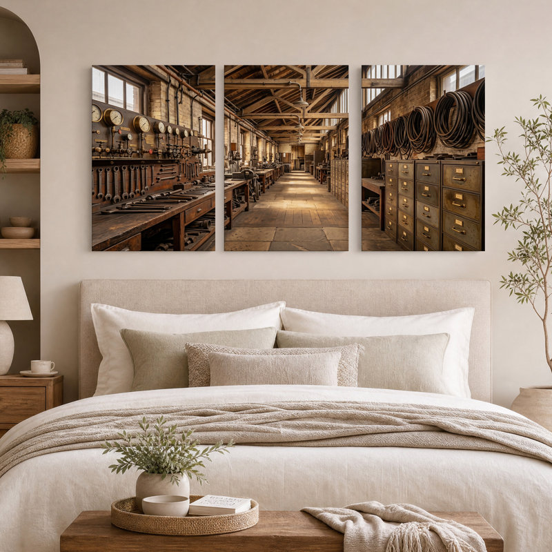 Atelier industriel avec manomètres en laiton et poutres en bois - Ensemble de 3 toiles murales, H 18 po x l 12 po x 3 pièces