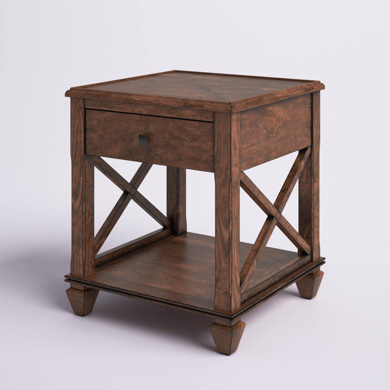 Table de bout carrée en bois de 21 pouces avec tiroir Stockbridge, finition en cerisier traditionnel, fabrication en pin robuste, avec tablette de rangement et tiroir fonctionnel pour les essentiels du salon