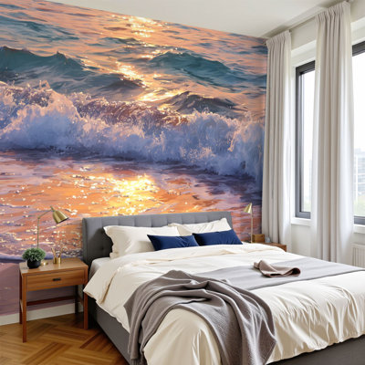 Peel and Stick Wallpaper Curling Ocean Waves Black Ocean Wave Sunset Sky Foamy Crest Distant Wall Murals 100"H x 144"W Removable PVC Wall Paper Self-Adhesive Wall Decor for Bedroom Living Room Home Office