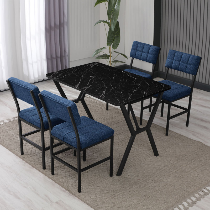 Ensemble de table et chaises de salle à manger extensible (5 pièces), bleu marine et noir | 100% panneau de particules revêtu de mélamine, table: 43,3 po x 29,1 po x 29,1 po, chaises: 15,7 po x 32,3 po x 15,7 po | Structure en métal, tissu de lin, conception en marbre moderne, démonté