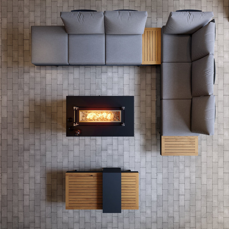 Ensemble de 5 meubles de patio modulaires en teck avec foyer sans fumée pour 6 personnes en gris, Gris