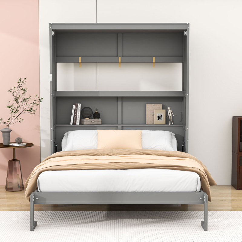 Murphy Bed Cabinet with Built-In Shelves, Gray, Queen
