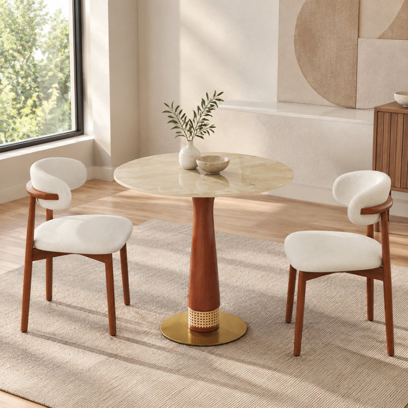 Table de salle à manger ronde en pierre mate effet grotte avec colonne en rotin noyer et base dorée, 84,5 cm
