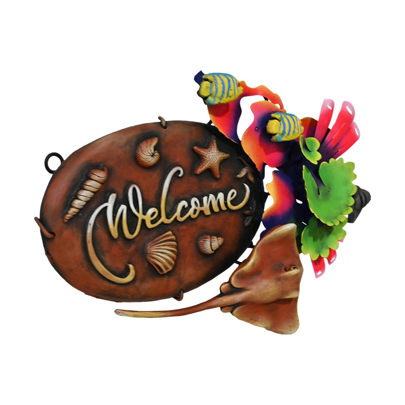 Plaque peinte en étain tropical "bienvenue"