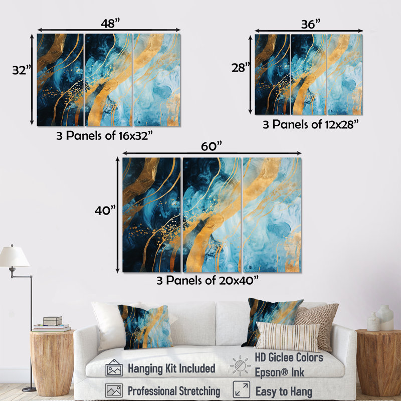 «Blue Sparkling Glam Gold Streams - Abstract Modern Waves», ensemble de reproduction d'art mural, Toile tendue