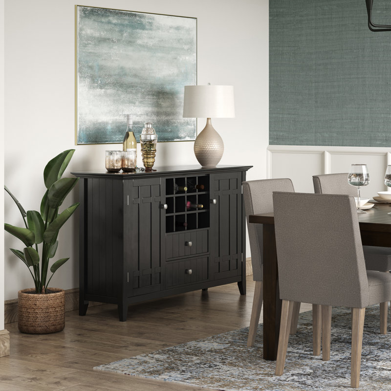 Bedford 54"W Solid Wood Transitional 3-Door Sideboard Buffet with Wine Rack and Adjustable Shelves, Black