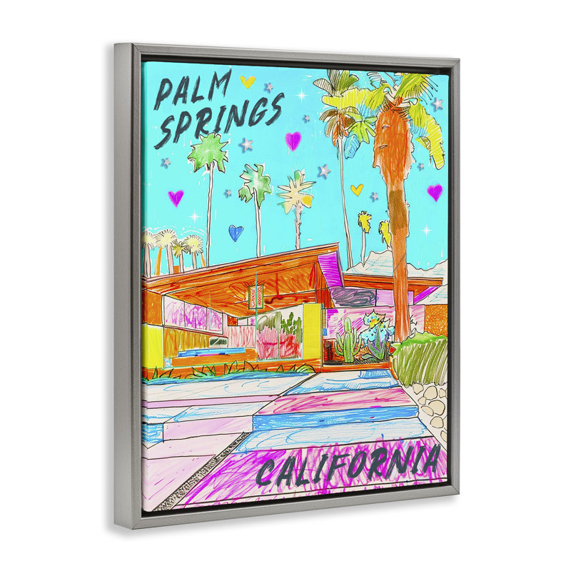 «Palm Springs Villa Doodle» par Jess Stempel, H 31 po x l 25 po, Cadre flottant gris lustré