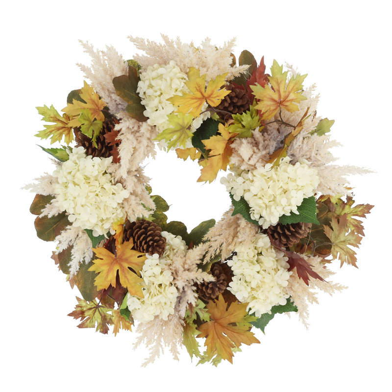 Fall Wreath with Hydrangeas, Leaves and Pampas