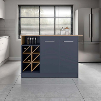 Kronos Azul and Natural Oak Kitchen Cabinet with Island, Bottle Rack and Shelf