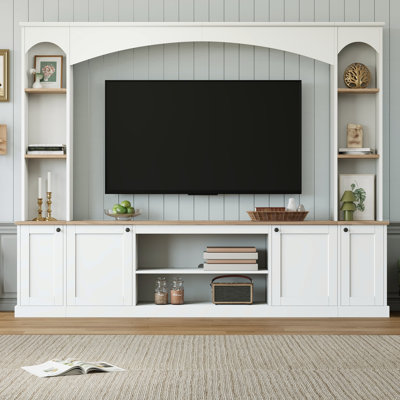 91" Arched Entertainment Center with Bookshelves, Farmhouse TV Stand for TVs up to 70", Media Console with Storage Cabinets and Adjustable Shelves