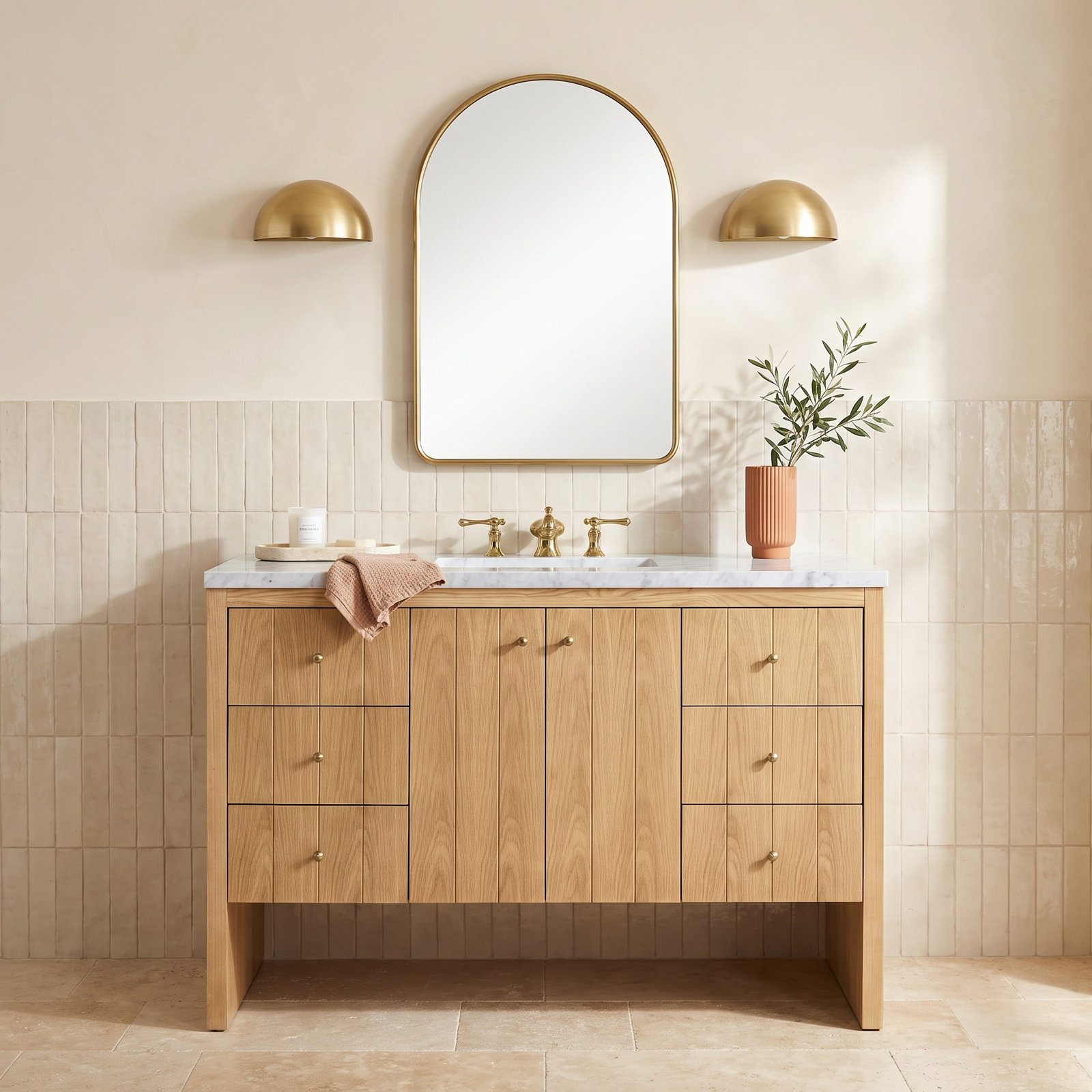 Hudson 48'' Single Bathroom Vanity, Light Natural Oak, Carrara White, 8" Widespread