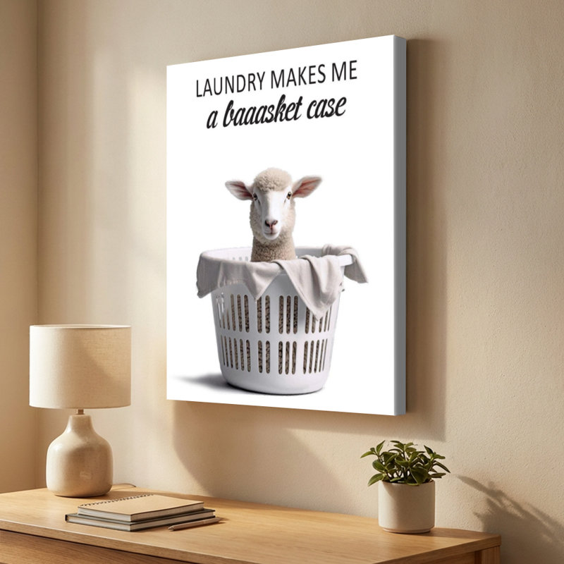 "Sheep in a Laundry basket", art mural sur toile - superposition de texte humoristique - 1 "de galerie profonde - 24" x 36 "