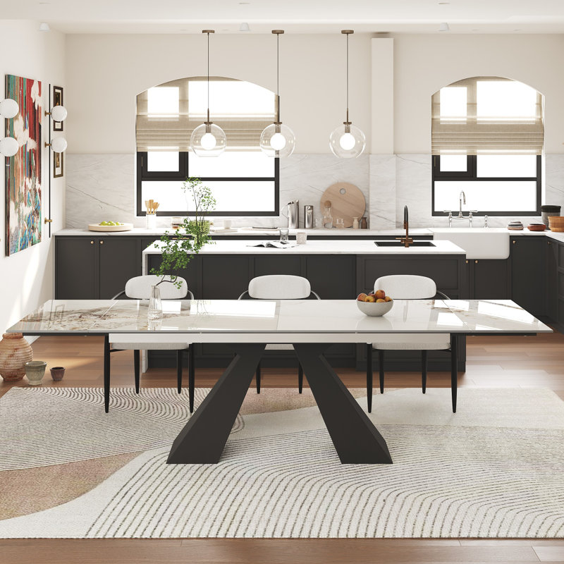 9-Piece 110.23" W Extendable Sintered Stone Dining Set, Chanel, White/Black