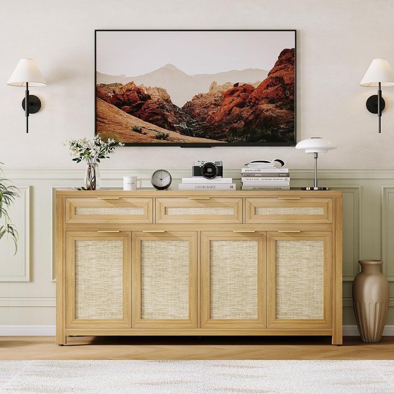 63" Farmhouse Buffet Sideboard with Rattan Accents, 3 Drawers & 4 Doors, Adjustable Shelves Storage Credenza for Dining Room, Kitchen, Entryway