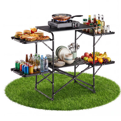 Table de camping, station de cuisson pliable, table pliante portable, avec 4 tables d'appoint, plateau de table résistant à la chaleur et sac de transport, idéale pour les pique-niques en plein air, les barbecues, le camping et les voyages en véhicule récréatif
