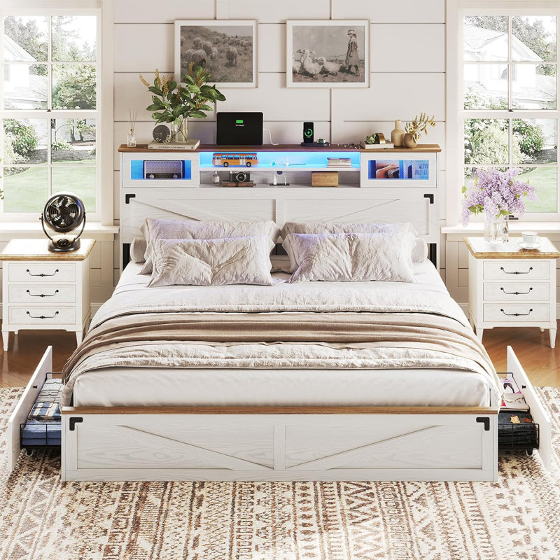 Farmhouse Bed Frame King Size With Bookcase Headboard And 2 Drawers, Wooden Platform King Bed With Led Lights And Charging Station, Rustic Accent Headboard With Sliding Door, White