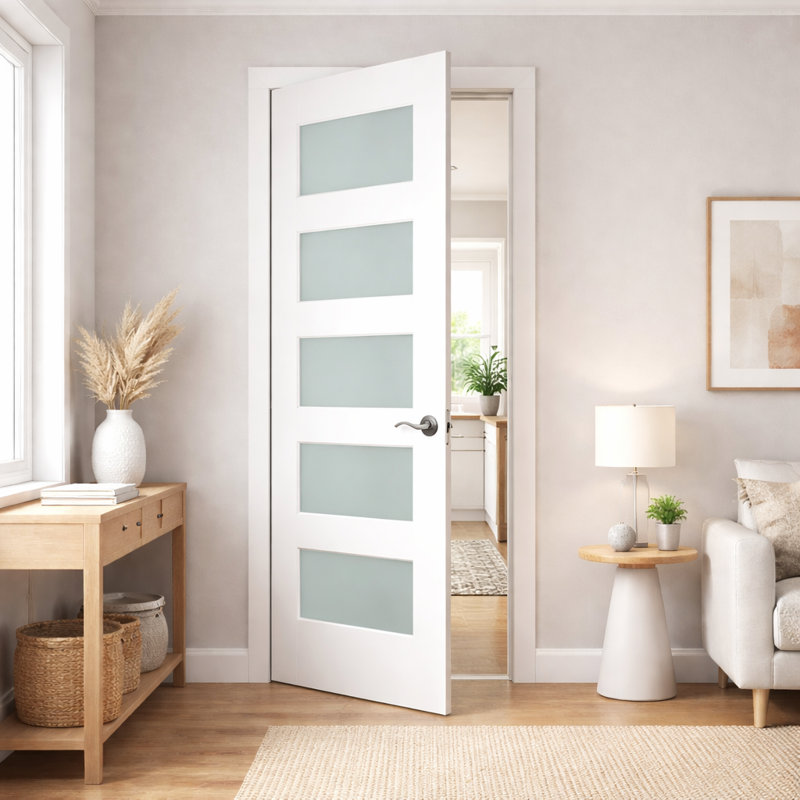 Porte intérieure en verre givré blanc apprêté 5-Lite, 80 po, 24" x 96", Gauche