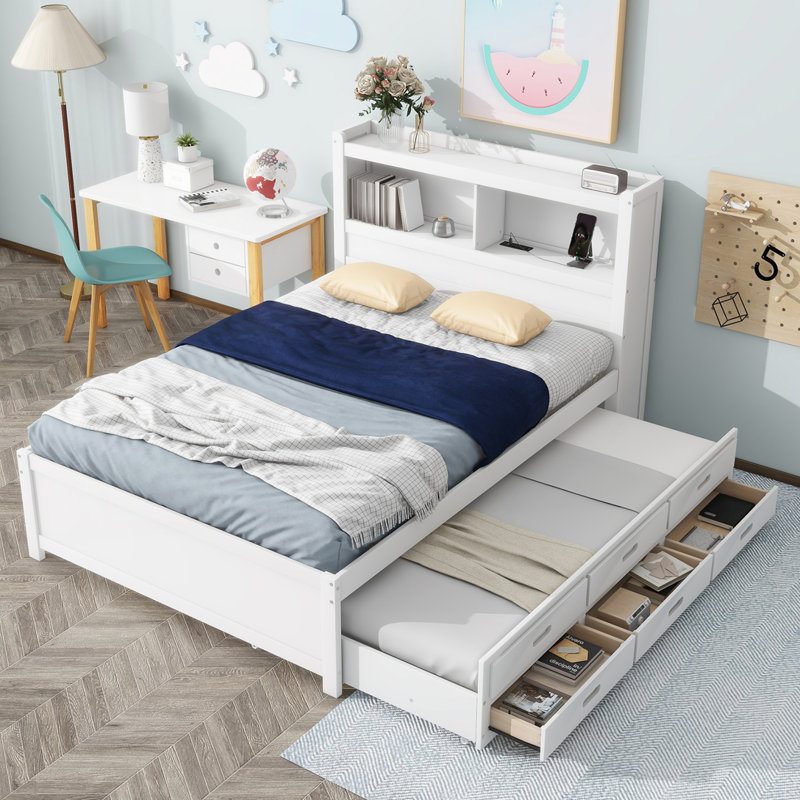 Lit plateforme avec rangement en bois massif Amayas, Blanc