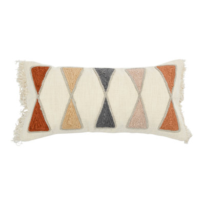 Embroidered Cotton Lumbar Pillow with Fringe