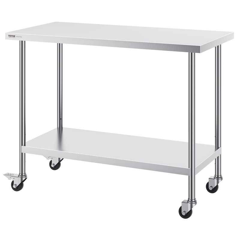 Stainless Steel Work Table, 38 Inch Height, Adjustable Shelf, Wheels Included, 38" H x 48" W x 24" D