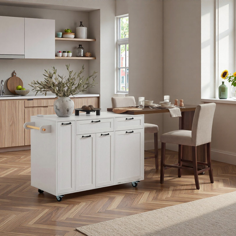 Îlot de cuisine mobile avec table de salle à manger extensible, armoire de rangement pour poubelles, étagère à épices coulissante à 3 niveaux et Whee