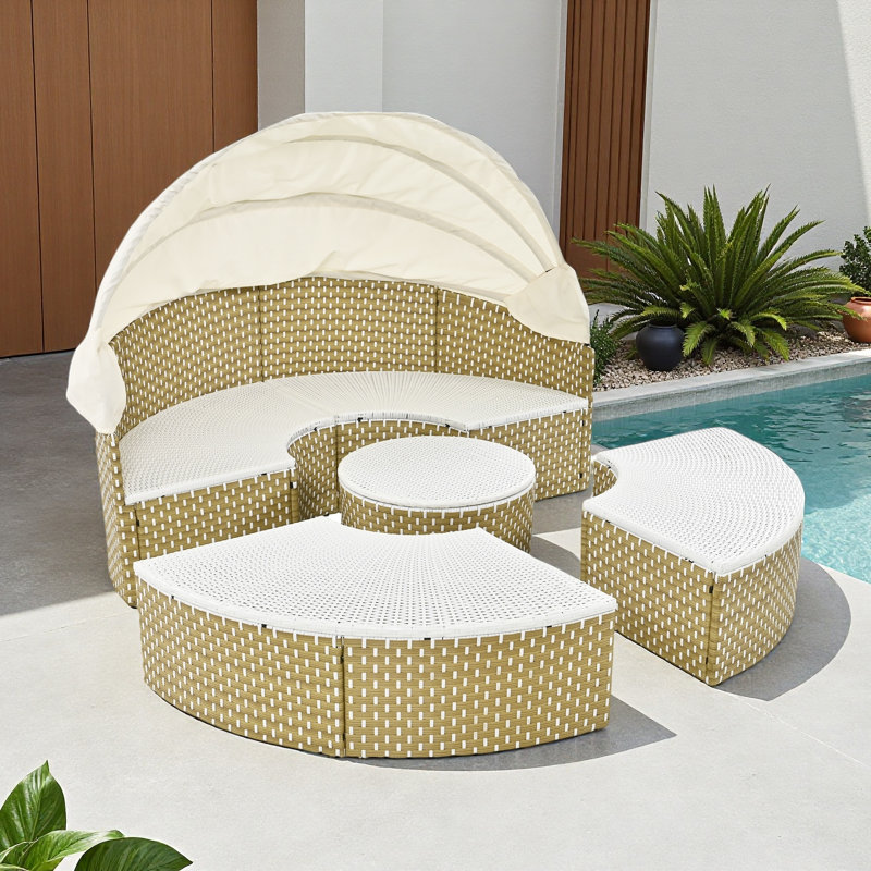 Patio Furniture Round Outdoor Sectional Sofa Set Rattan Daybed Two-Tone Weave Sunbed With Retractable Canopy, Separate Seating And Removable Cushion