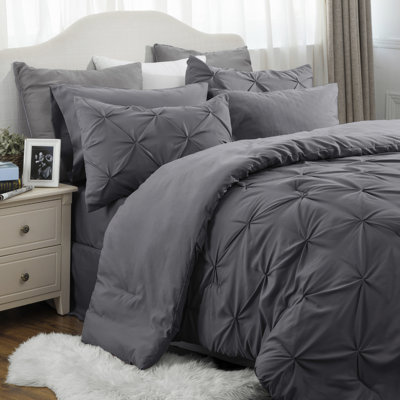 Bedsure King Burgundy Pintuck Bed-in-a-Bag - Dark Gray Pinch Pleat Comforter Set with Sheets, Pillowcases & Shams (Set of 7)