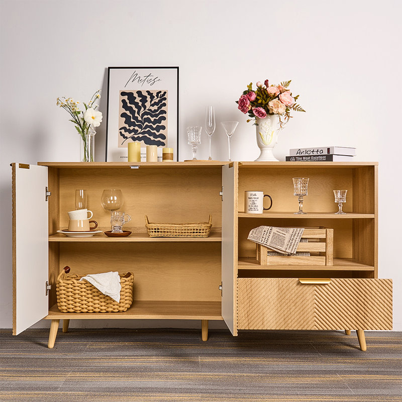 Armoire d'appoint 57 po à 2 portes avec tablettes de rangement ouvertes et tiroir 57 po
