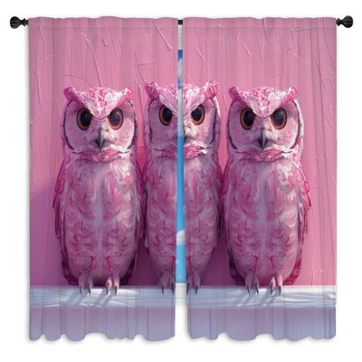 Pink owls Window Curtains  Wildlife Three birds Drapes - 2 Panels