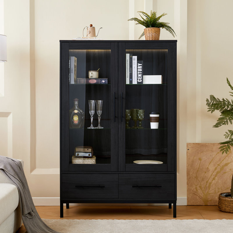 Armoire à DEL avec deux tiroirs, porte en verre trempé de 60 po de hauteur, vitrine moderne noire pour salon, haute