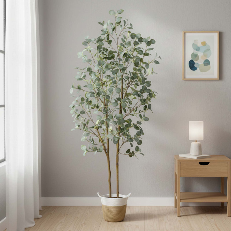 Arbre d'eucalyptus artificiel de 7 pi avec feuilles de soie et panier pour la décoration intérieure et extérieure