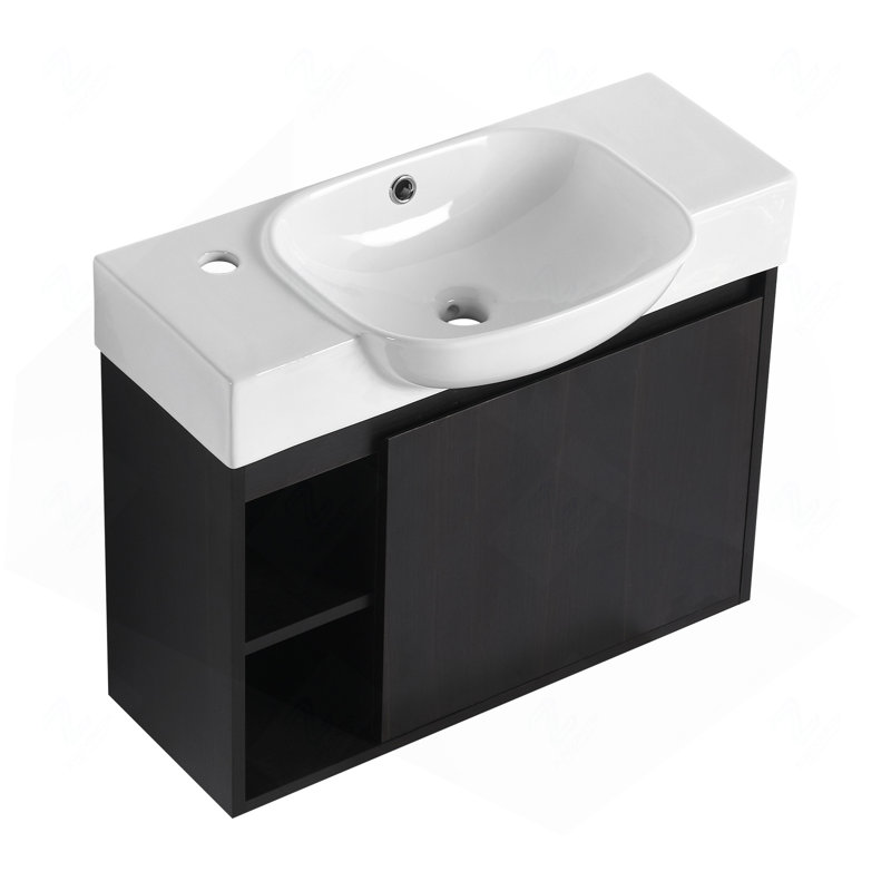 Meuble-lavabo mural 26 po en contreplaqué de chêne foncé avec lavabo en céramique blanche et porte à fermeture en douceur