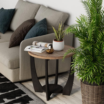  Rustic Farmhouse Round End Table, Storage Shelf for Living Room, Black
