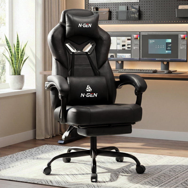 Fauteuil de jeu inclinable et ergonomique en cuir synthétique haut dossier avec repose-pieds 400 lb, Noir