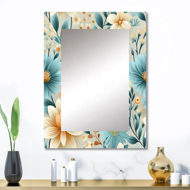 Zoran Blue Timeless Garden Flourish - botanical  Wall Mirror, Botanical Decorative Mirror, Printed Metal Art, 32" x 24"