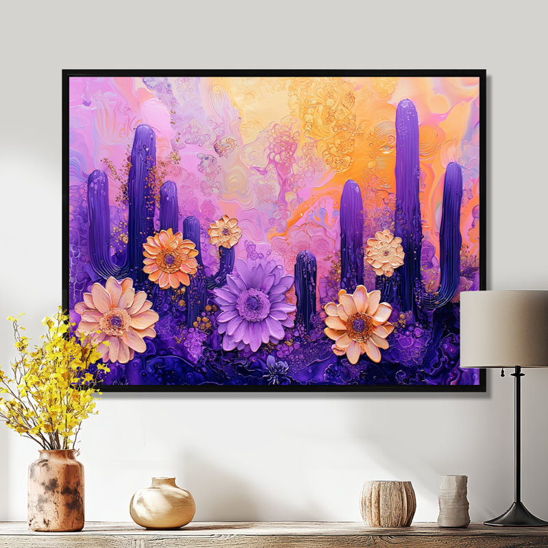 Paysage de rêve, paysage de cactus lavande - art mural floral cactus, 12" H x 20" W, Noir