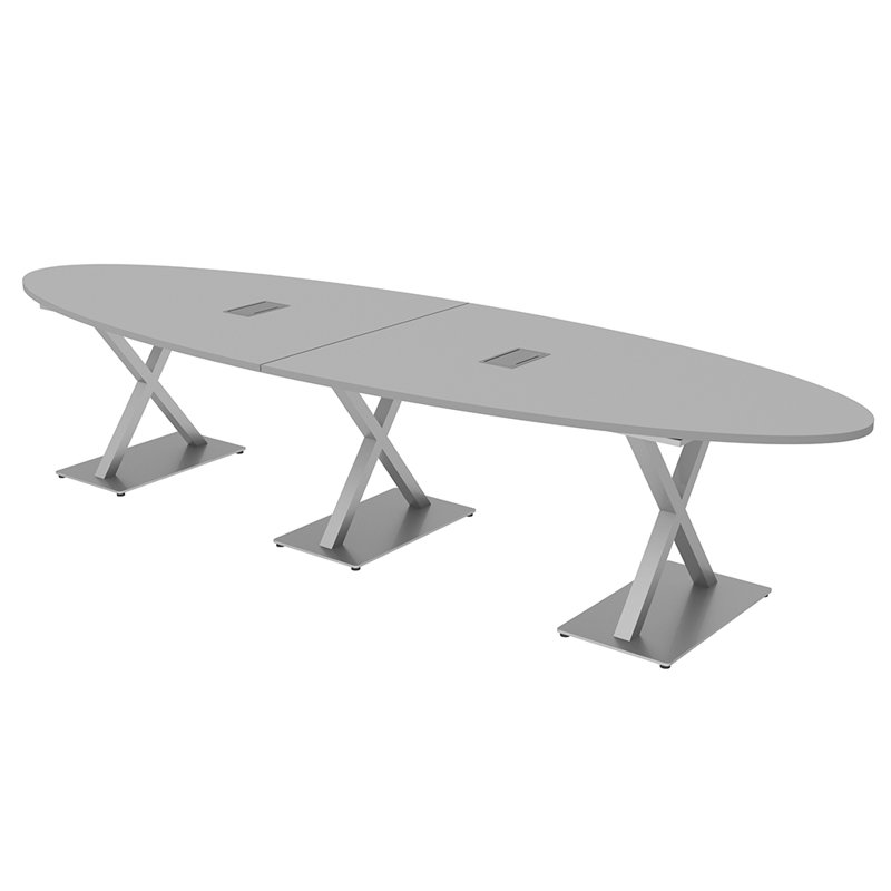 Table de conférence ovale avec base en X et bloc d'alimentation, L 144 po x l 48 po, Cyprès blanc