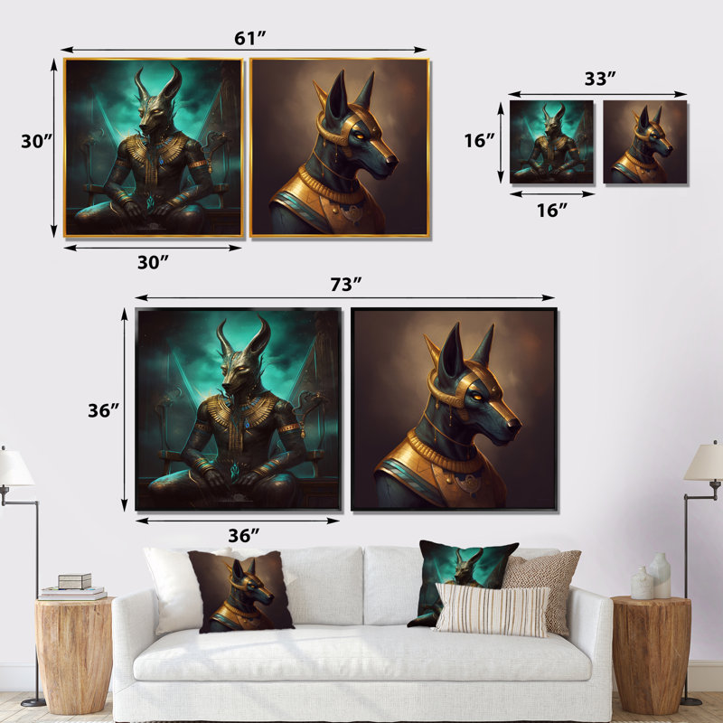 Anubis, ancien égyptien, Jackal God, ensemble de 2 collages égyptiens carrés, H 16 po x l 33 po, Toile tendue