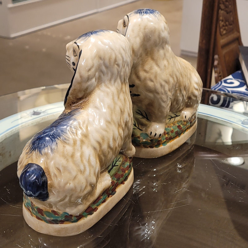 Small Staffordshire Bunny Hares Figurine, Blue/Cream, 6.5" H x 6" W x 3" D