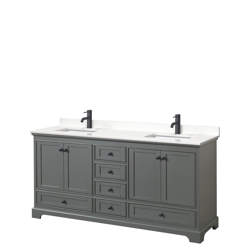 Ensemble de meuble-lavabo double autoportant 72 po avec plateau en quartz Deborah, Quartz blanc, Chrome poli, Gris foncé