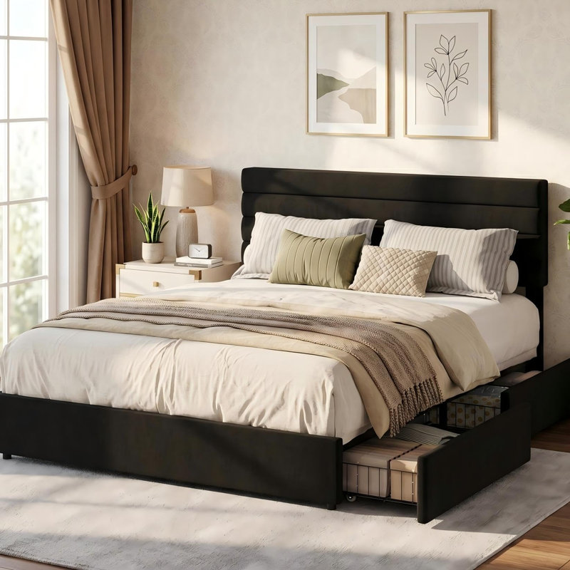 Structure de lit double, lit plateforme avec rangement en velours avec 4 tiroirs, support de lattes en bois, aucun sommier requis, assemblage facile, noir
