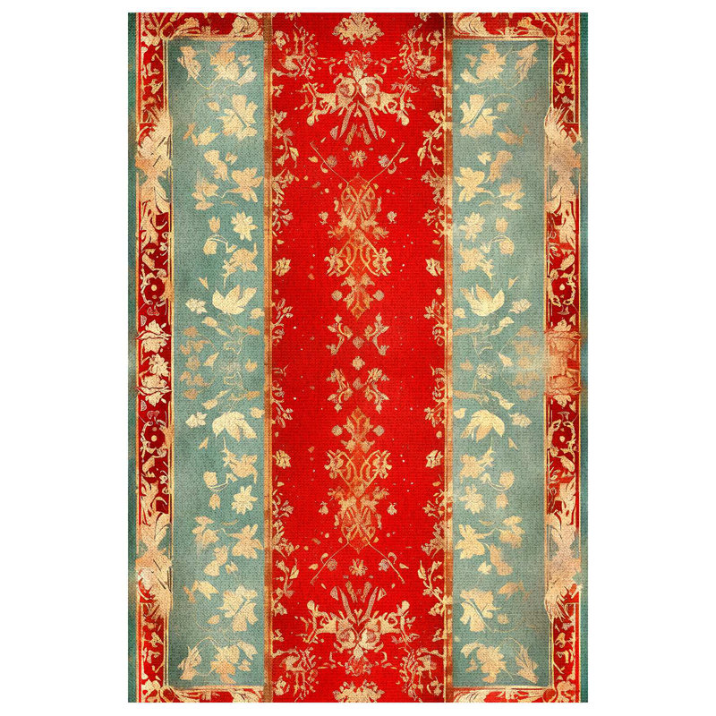 Susan Green Red Oriental Machine Printed Cotton Polyester Area Rug, Square 3'4"