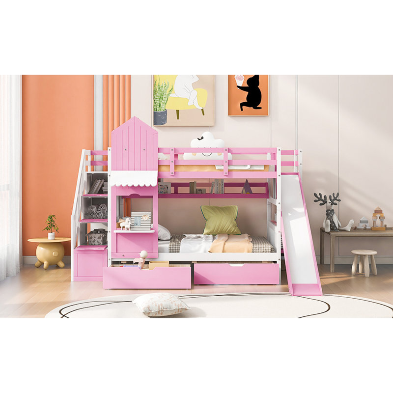 Lit superposé rose avec design, 2 tiroirs, 3 tablettes et glissade - idéal pour la chaleur de la chambre à coucher, Pin, Rose
