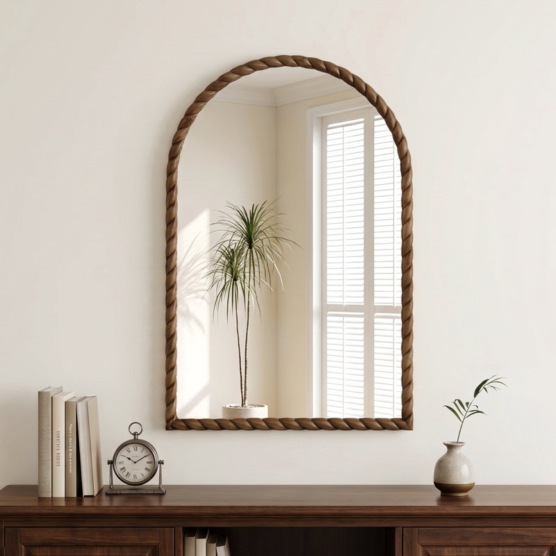 Madison Park Montra Brown 24"W x 36"H Arched Wood Wall Mirror with Braided Rubber Frame, Brown