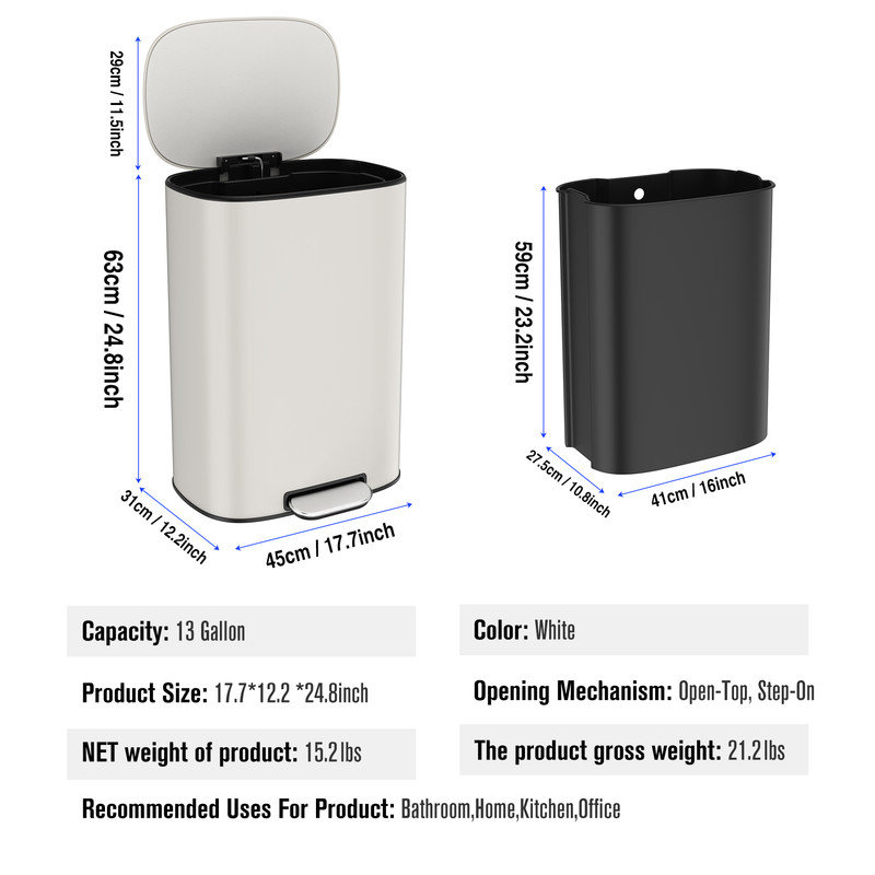 Poubelle à pédale en acier inoxydable - Blanc, Blanc